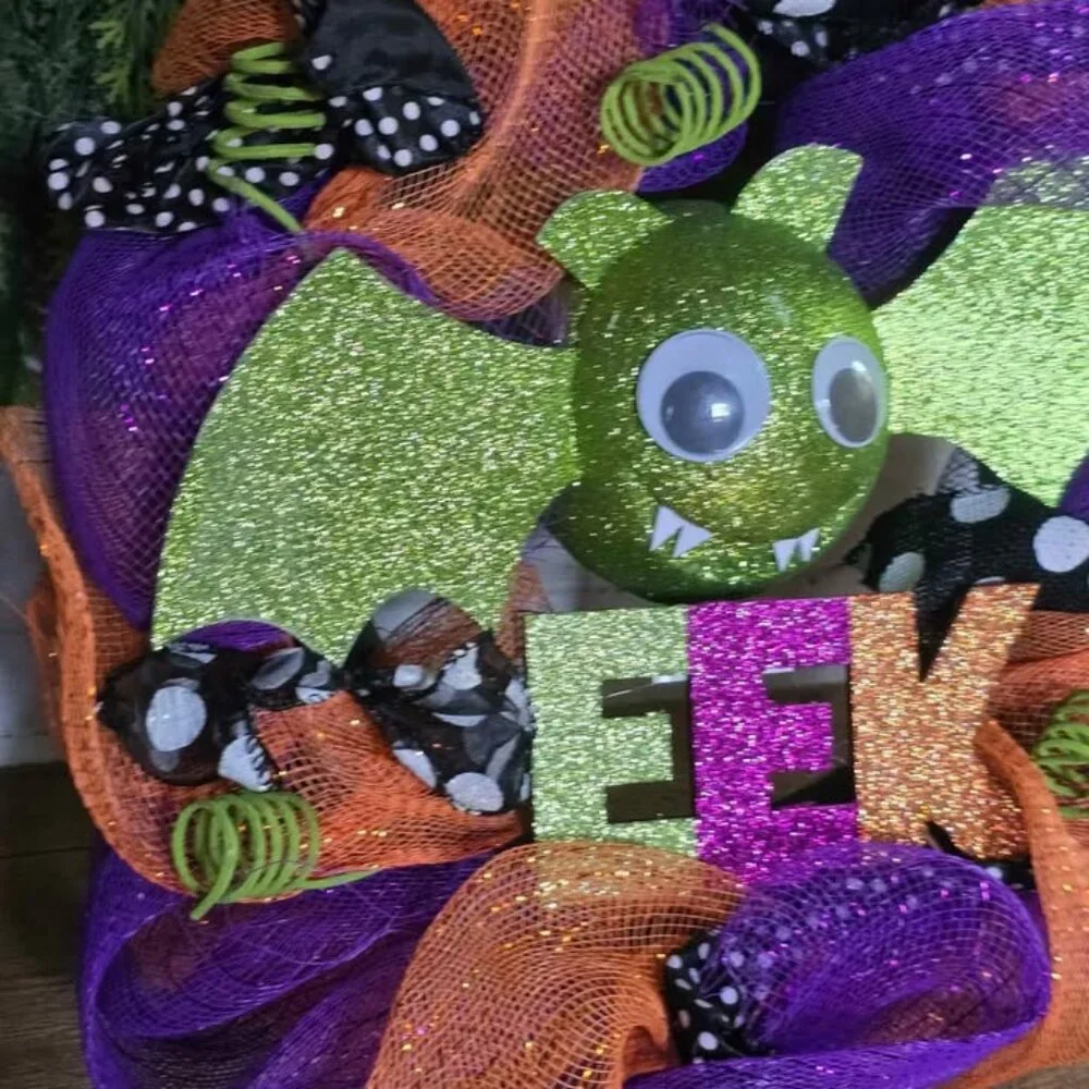 Colorful Googly Eye Green Glitter Bat Black Bow Wreath Halloween Decoration